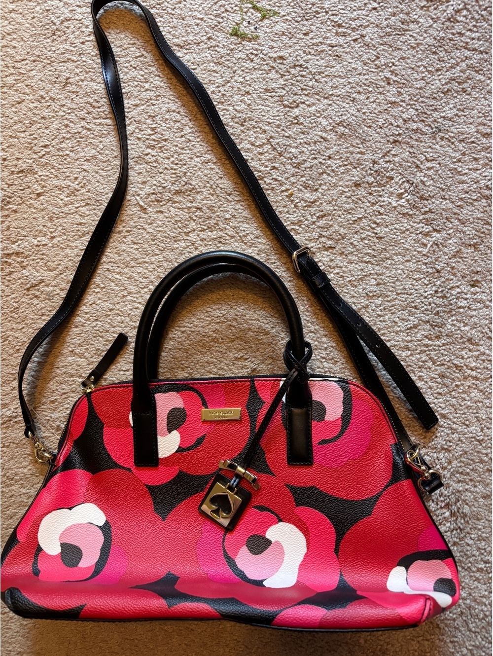Kate Spade Floral Satchel – Red/Black Leather Handbag – Elegant Top Handle